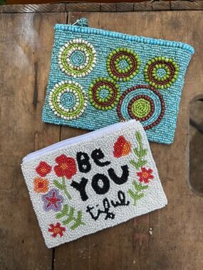 Colorful Blue Flower Beaded Coin Purse Wallets Bundle Set of 2 Accessory Bags